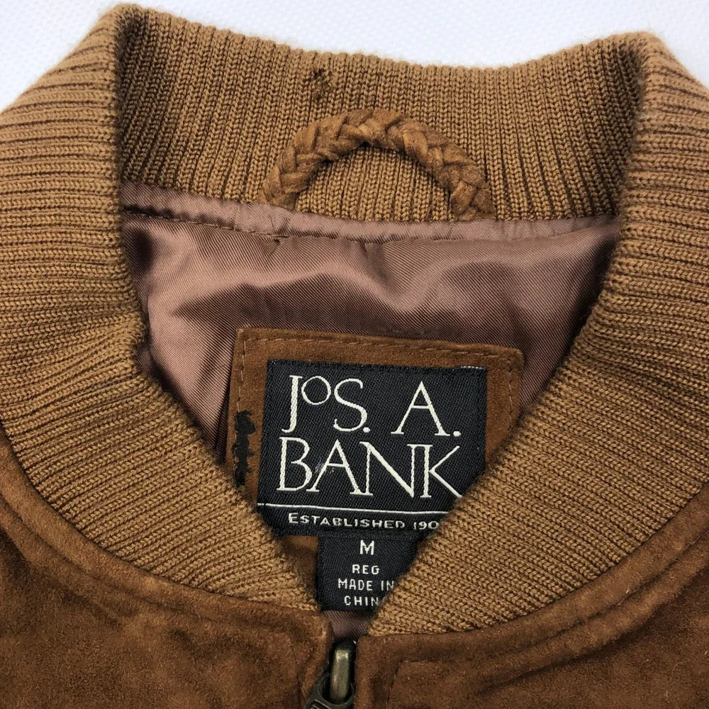Jos A Bank Mens Brown Genuine Leather Suede Bomber Jacket Medium Full Zip Ribbed